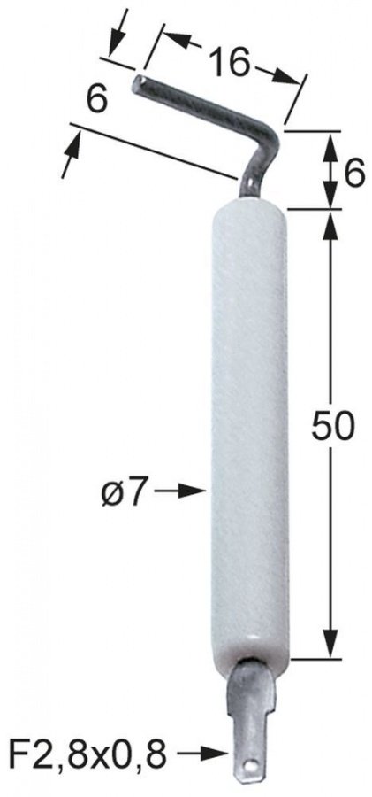 Electrod de aprindere D1 ø 7mm, L1 6mm, L2 6mm, L3 16mm, BL1 50mm, conexiune F 2,8x0,8mm - Cod 102907