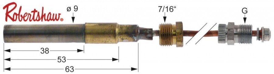 Termopila - generator termoelectric ROBERTSHAW 250-750 mV, ø 9x38 mm, fir L 1525 mm, racord 3/8" - 103240
