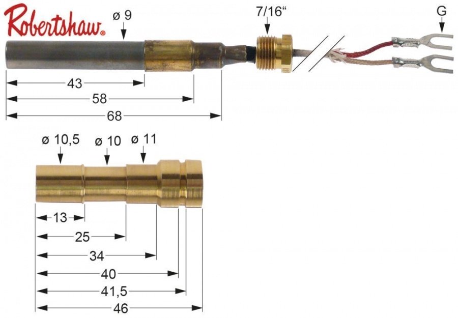 Termopila - generator termoelectric ROBERTSHAW 250-750 mV, ø 9x41 mm, fir L 915 mm, racord 7/16" - 103241