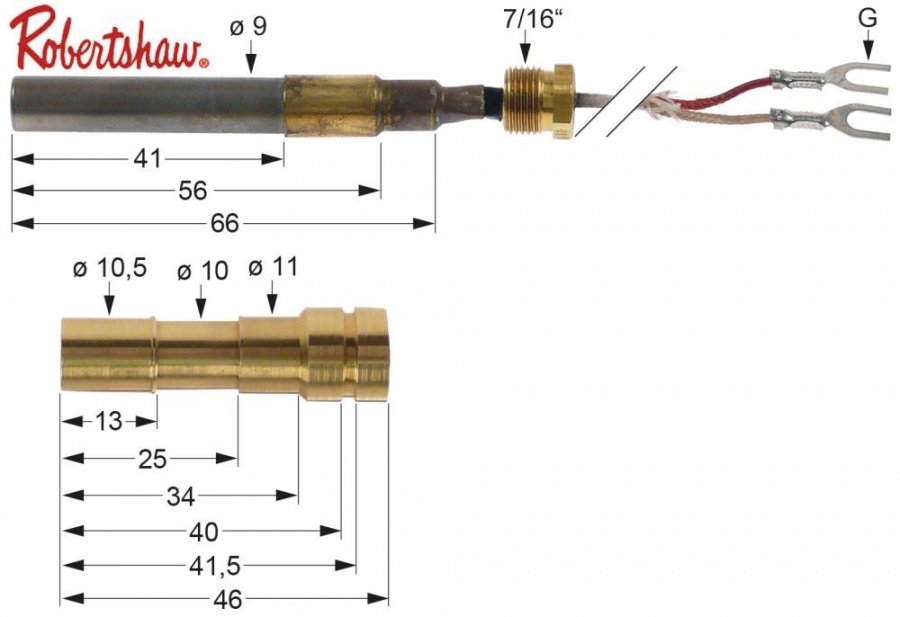 Termopila - generator termoelectric ROBERTSHAW 250-750 mV, ø 9x41 mm, fir L 1525 mm, racord 7/16" - 103242