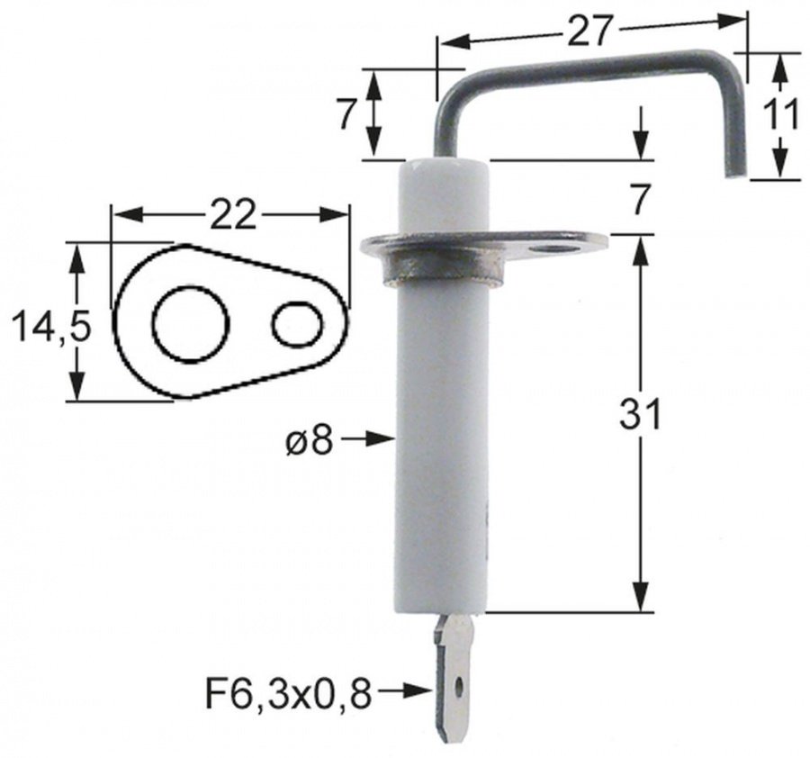 Electrod de aprindere ø 8 mm, flansa 22 x 14,5 mm - 103252
