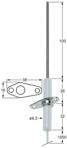 ignition electrode flange length 38 mm flange width 16 mm D1 ø 9,3 mm L1 100 mm BL1 26 mm