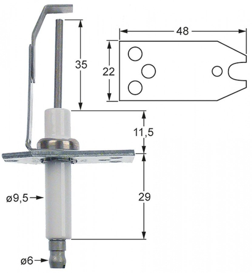 ignition electrode flange length 48 mm flange width 23 mm D1 ø 9,5 mm L1 35 mm
