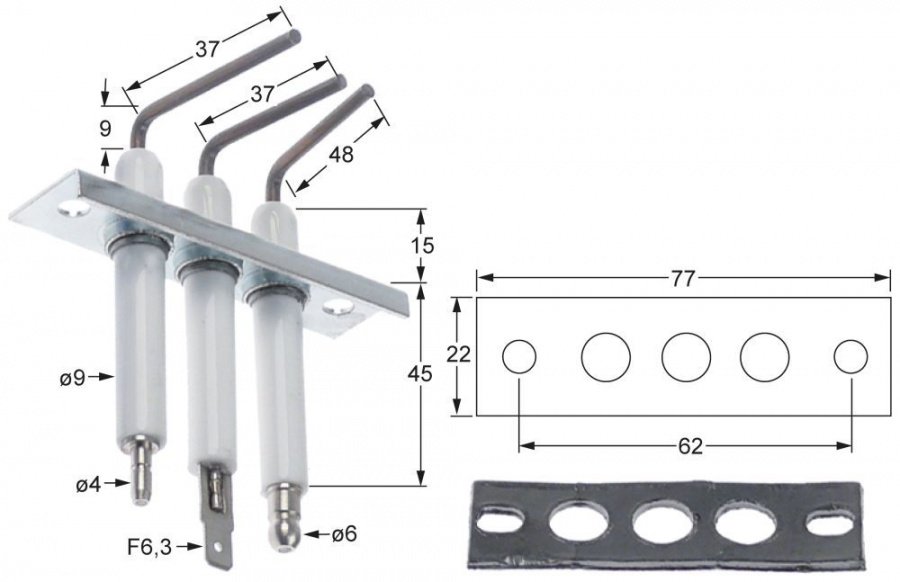 ignition electrode group flange length 77mm flange width 22mm D1 ø 9,5mm L1 9mm L2 37/37/48mm