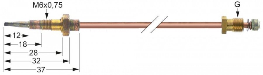 Termocupla L 600 mm, racord robinet M8x1 mm, racord flacara M6x0,75 mm - 107350