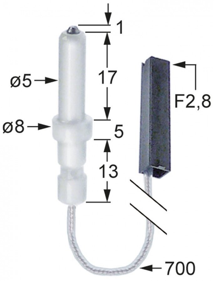 Electrod de aprindere ø 5 mm, cablu 700 mm, terminal papuc 2,8 mm - 107384
