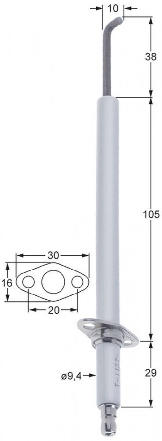 Electrod de aprindere ø 9,4 mm, L 185 mm, flansa 30 x 16 mm - 109111