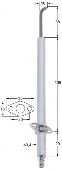 Electrod de aprindere ø 9,4 mm, L 185 mm, flansa 30 x 16 mm - 109111