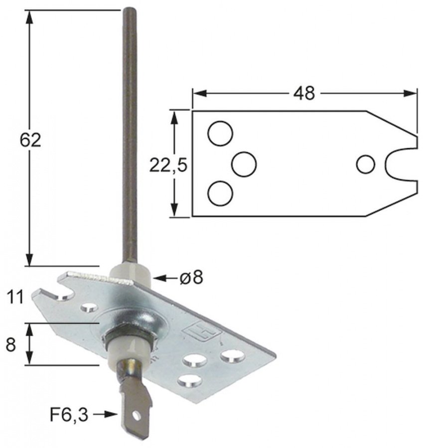monitoring electrode flange length 48mm D1 ø 8mm flange width 22,5mm L1 62mm BL1 11mm BL2 8mm