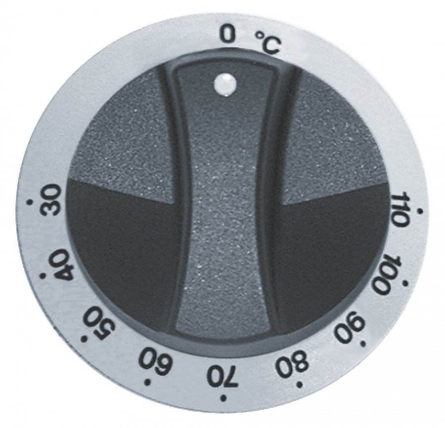 knob thermostat t.max. 110°C ø 77mm shaft ø 6x4,6mm shaft flat upper white/black