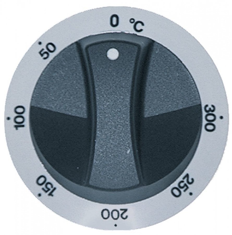 knob thermostat t.max. 300°C ø 77mm shaft ø 6x4,6mm shaft flat upper silver