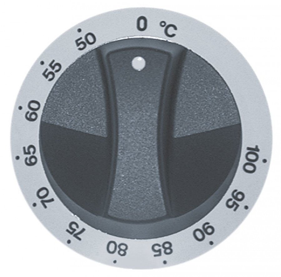 knob thermostat t.max. 100°C ø 77mm shaft ø 6x4,6mm shaft flat bottom white/black