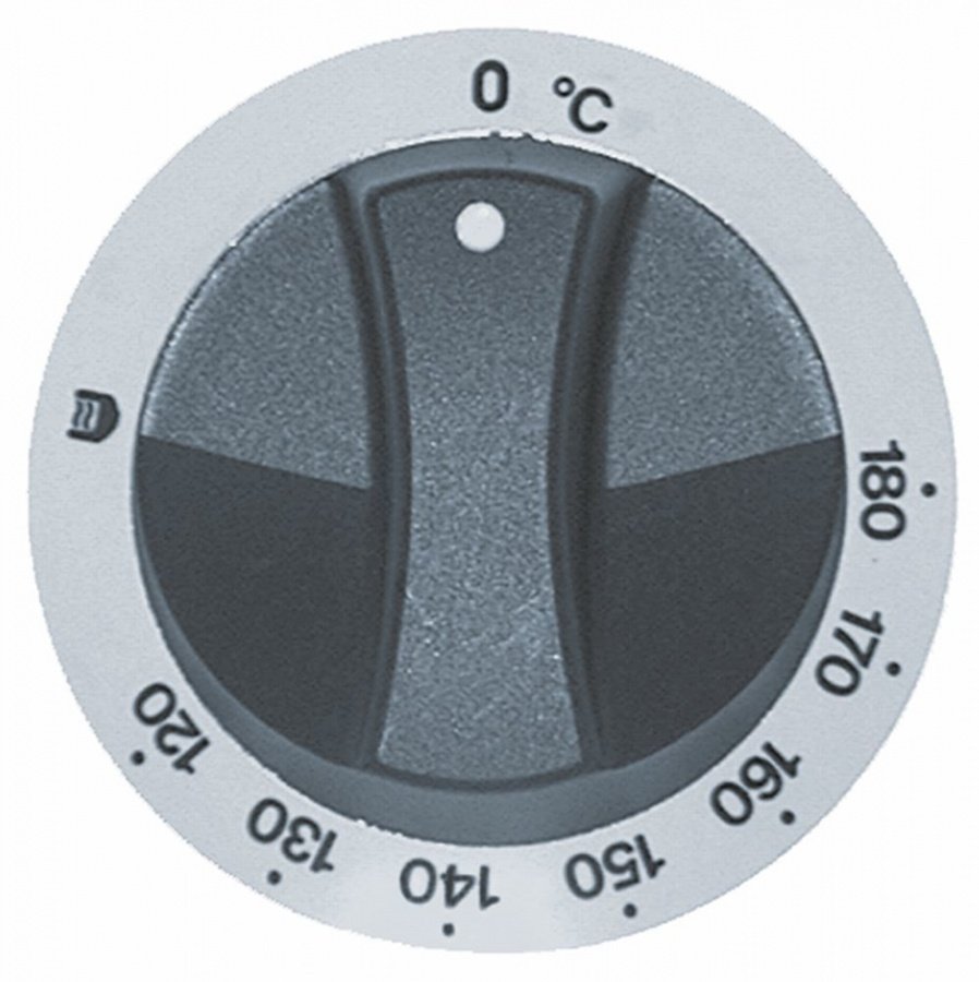 knob thermostat t.max. 180°C ø 77mm shaft ø 6x4,6mm shaft flat upper white/black