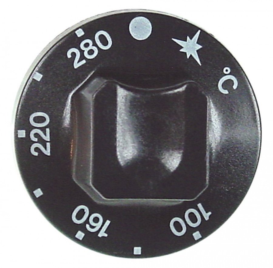 knob gas thermostat t.max. 280°C ø 55mm shaft ø 8x6,5mm shaft flat upper black