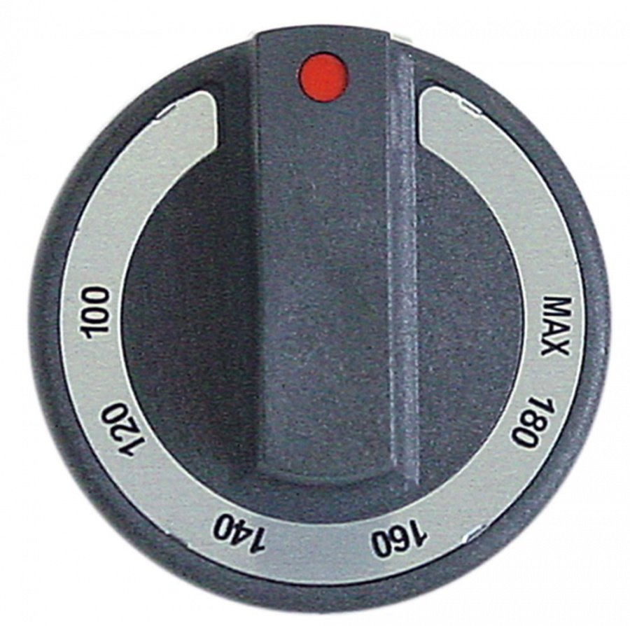 knob thermostat t.max. 180°C ø 77mm shaft ø 6x4,6mm shaft flat upper black