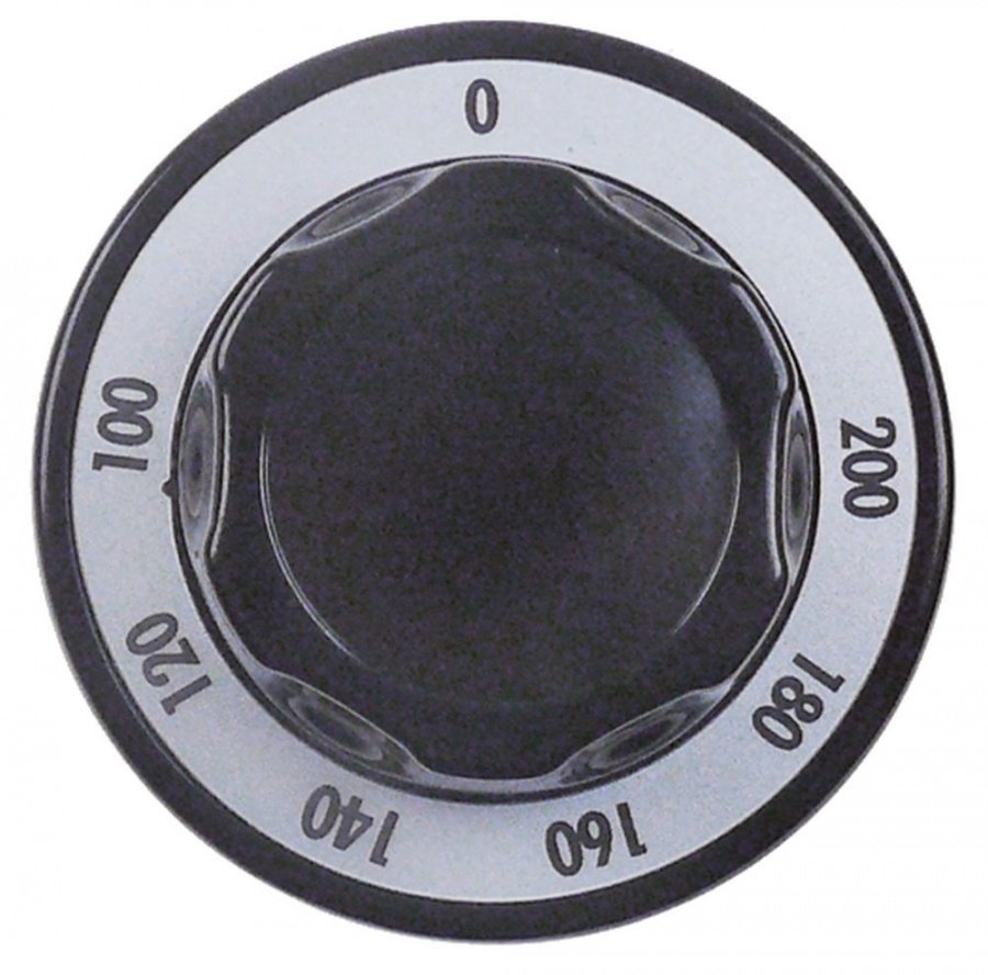 knob thermostat 100-200°C ø 70mm shaft ø 6x4,6mm shaft flat right black
