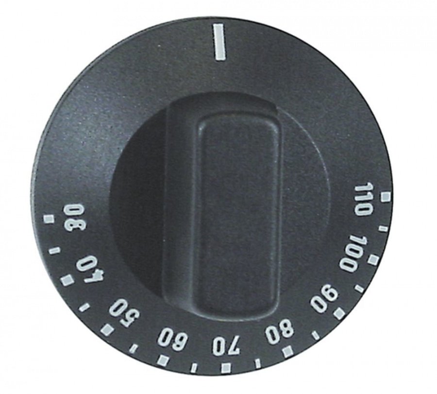 knob thermostat t.max. 110°C ø 50mm shaft ø 6x4,6mm shaft flat left black