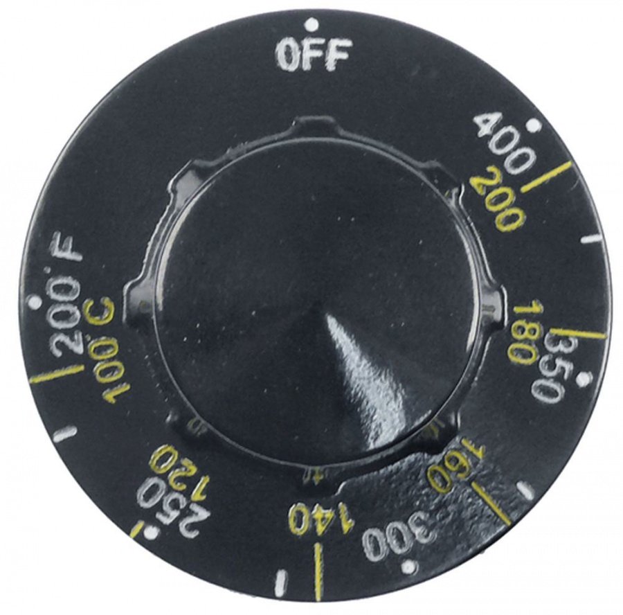knob thermostat shaft ø 6,4x4,8mm temperature range 100-200°C shaft flat lower black