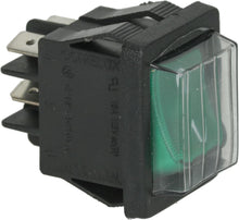 Intrerupator basculant cu protectie, iluminat verde, contacte 2NO, 230V, 16A, montare 30x22mm, papuci 6,3 mm - 300125