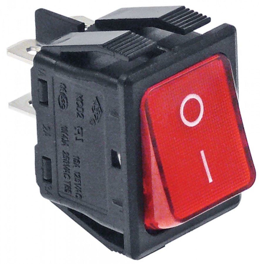 Intrerupator basculant rosu cu iluminare, contacte 2 NO, 16 A, 250 V, montare 30x22 mm - 301001