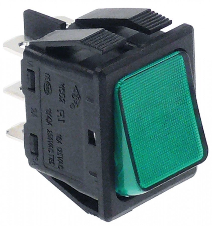 Intrerupator basculant verde, contacte 2CO, 16 A, 250 V, 6 borne, montare 30x22 mm, iluminat, max 125°C - 301017