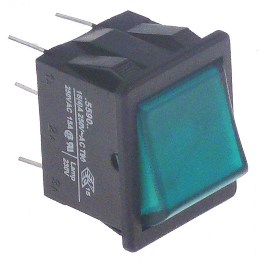 rocker switch 28x22mm green 2NO 250V 16A lighted connection male faston 6,3mm
