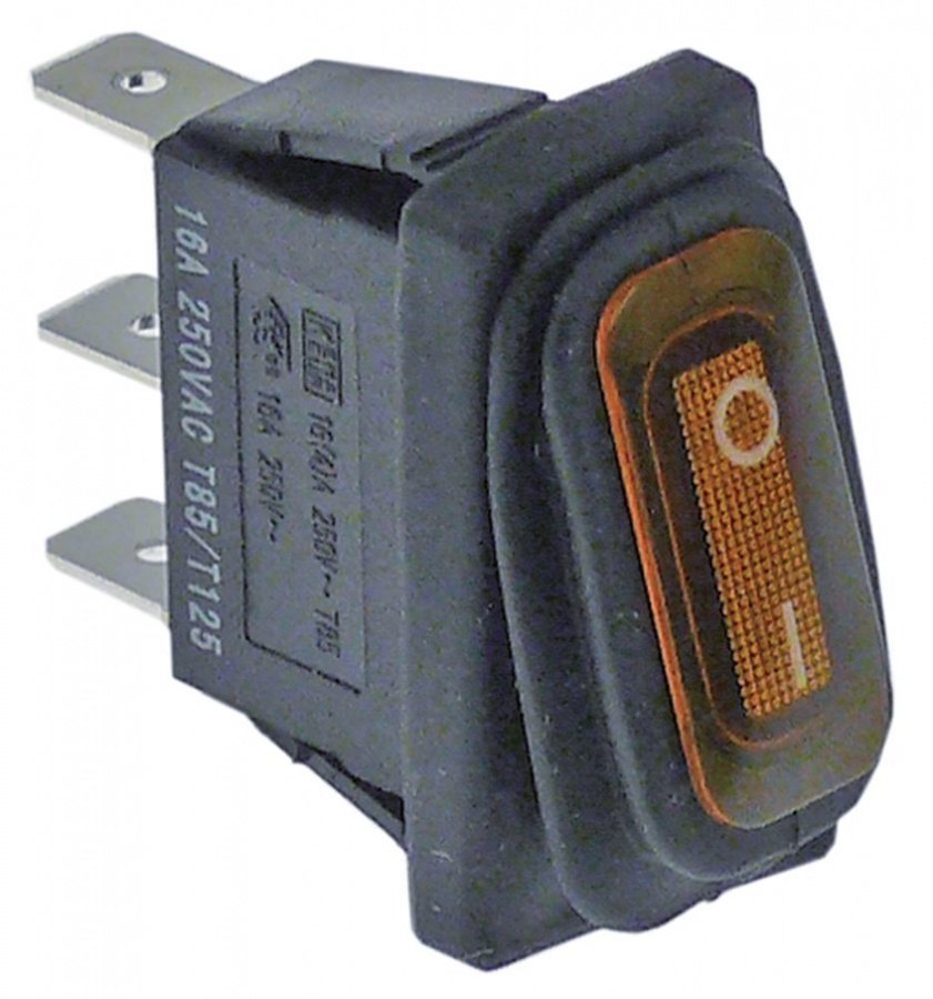 rocker switch 30x11mm orange 1NO 230 V 16 A illuminated 0-I connection male faston 6.3mm