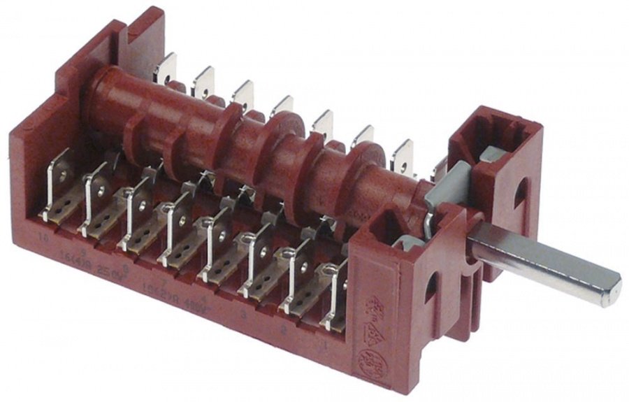 Intrerupator rotativ - comutator, cu 5 pozitii 0-1-2-3-4, 6NO/1CO, contacte 16A, ax ø 6x4,6 mm - 301296