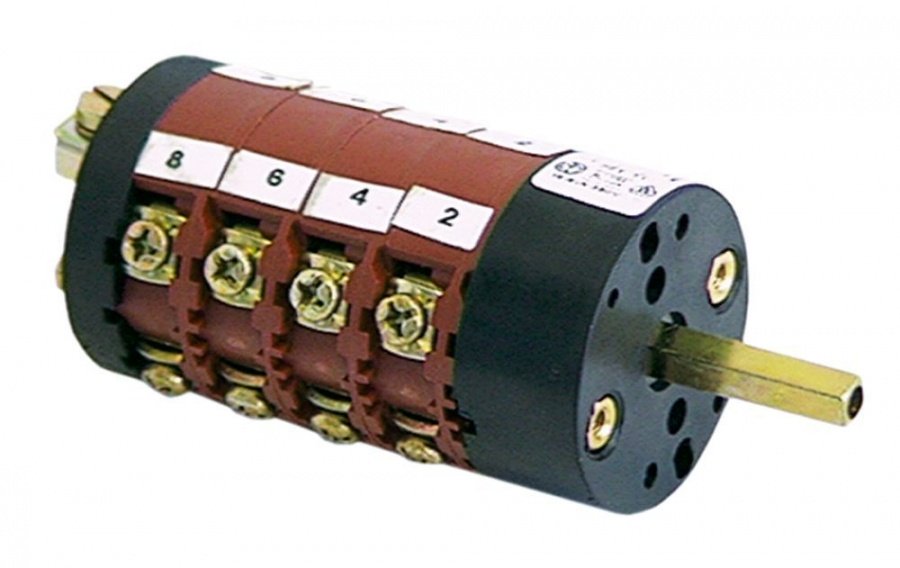Intrerupator rotativ - selector cu 5 pozitii 0-1-2-3-4, cu 8 contacte, 16 A, 400 V tip CS0167898, ax ø 5x5 mm - 345012