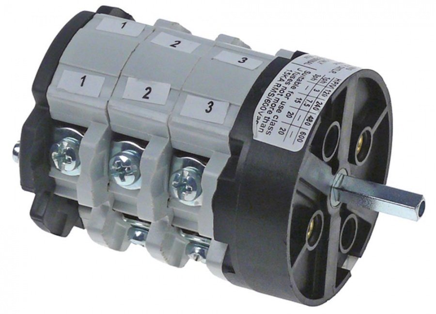 Intrerupator rotativ - comutator cu 3 pozitii 1-0-2, contacte 32 A, ax patrat - 345114