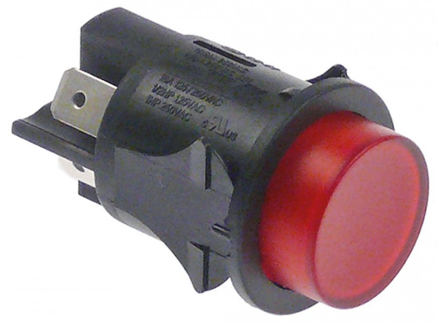 Intrerupator buton cu retinere, montare ø 25 mm, contacte 2 NO, 16 A, 250 V, iluminat rosu - 345160