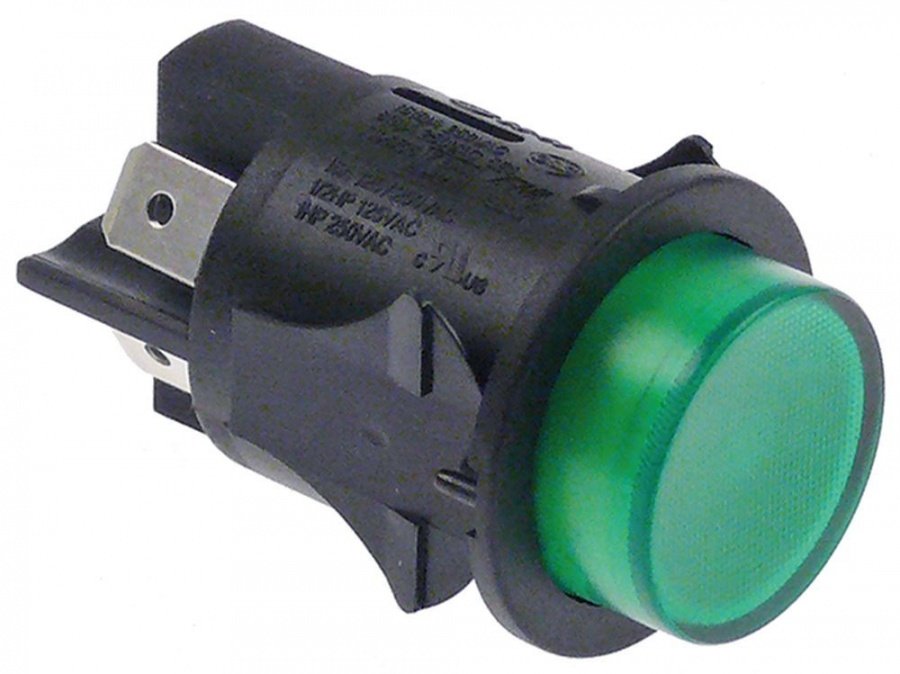 Intrerupator buton cu retinere, montare ø 25 mm, contacte 2 NO, 16 A, 250 V, iluminat verde - 345161