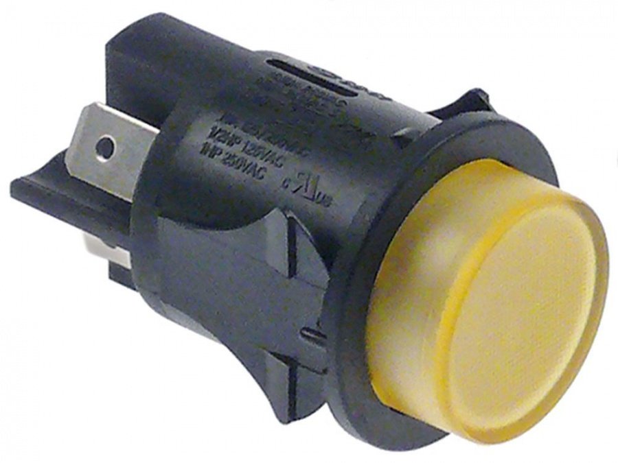 Intrerupator buton cu retinere, montare ø25mm, contacte 2NO, 16A, 250V, iluminat galben - 345162