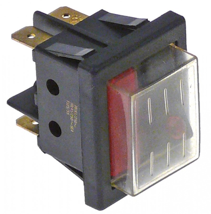 Rocker switch 30x22mm red 1 -poles 1co 250 v 16 a with indicator lamp connection f6,3 - code 347092
