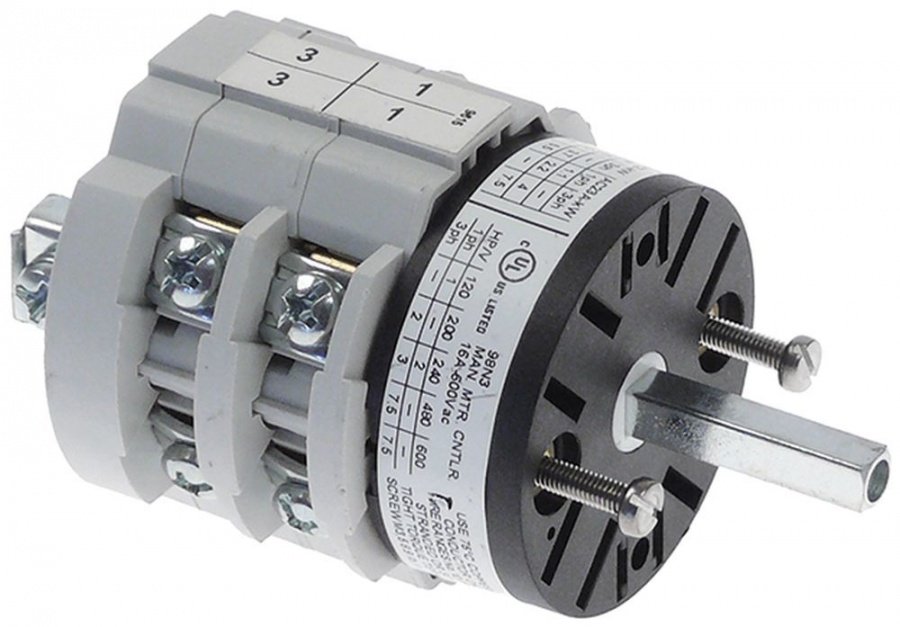 Intrerupator rotativ - comutator BREMAS CS0169615V, serie A1600, cu 5 pozitii 0-1-2-3-4, cu 4 contacte, 16A, 400V, ax 5x5 mm - 347097