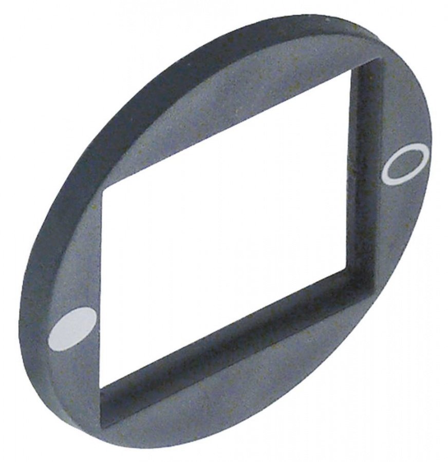 frame for rocker switch oval external size 40x46mm internal size 30x22mm 0-I black plastic