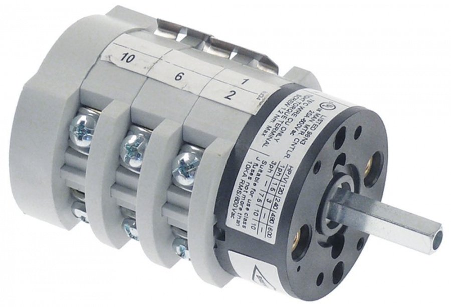 Intrerupator rotativ - selector cu 3 pozitii 1-0-2, cu 6 contacte 16A, 600 V, ax  5x5 mm - 347297