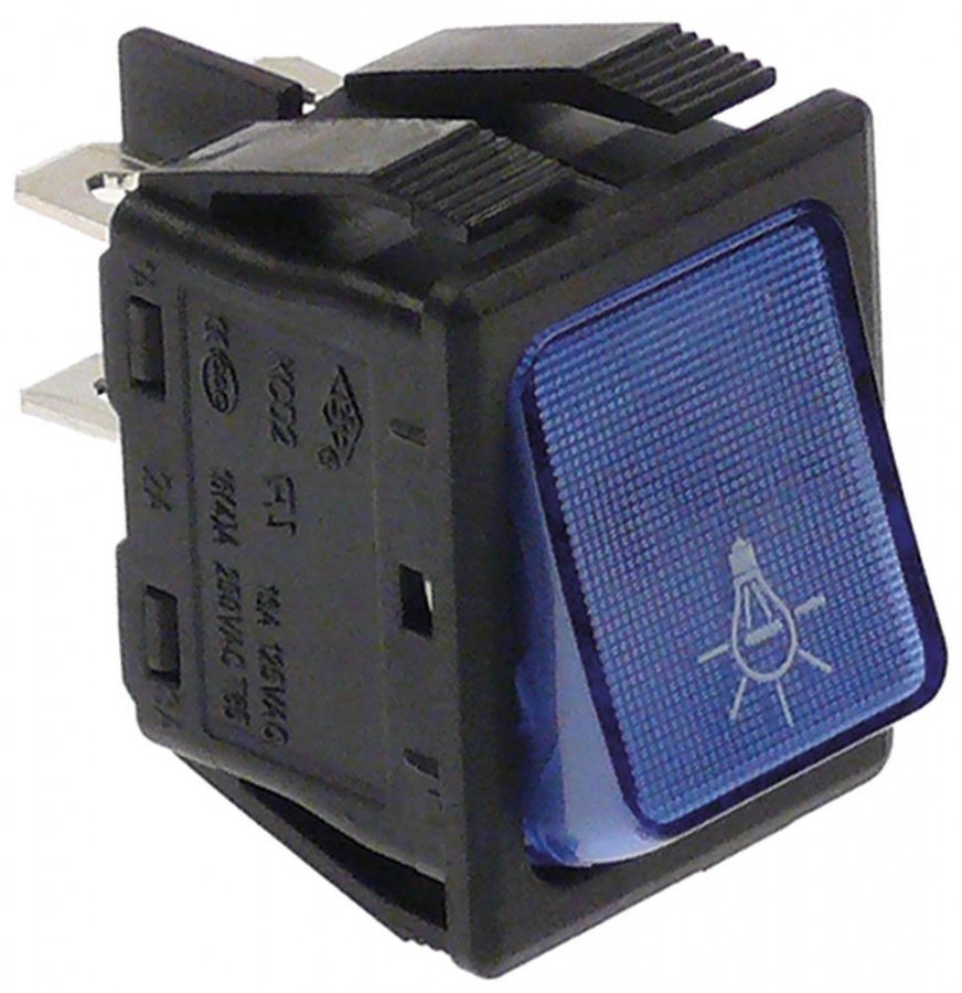 rocker switch 30x22mm blue 2NO 250V 16A lighted 0-lighting connection male faston 6,3mm