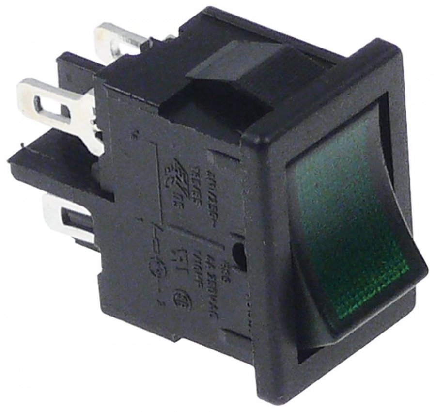 rocker switch 19x13mm green 2NO 250V 10A illuminated connection male faston 2,8mm