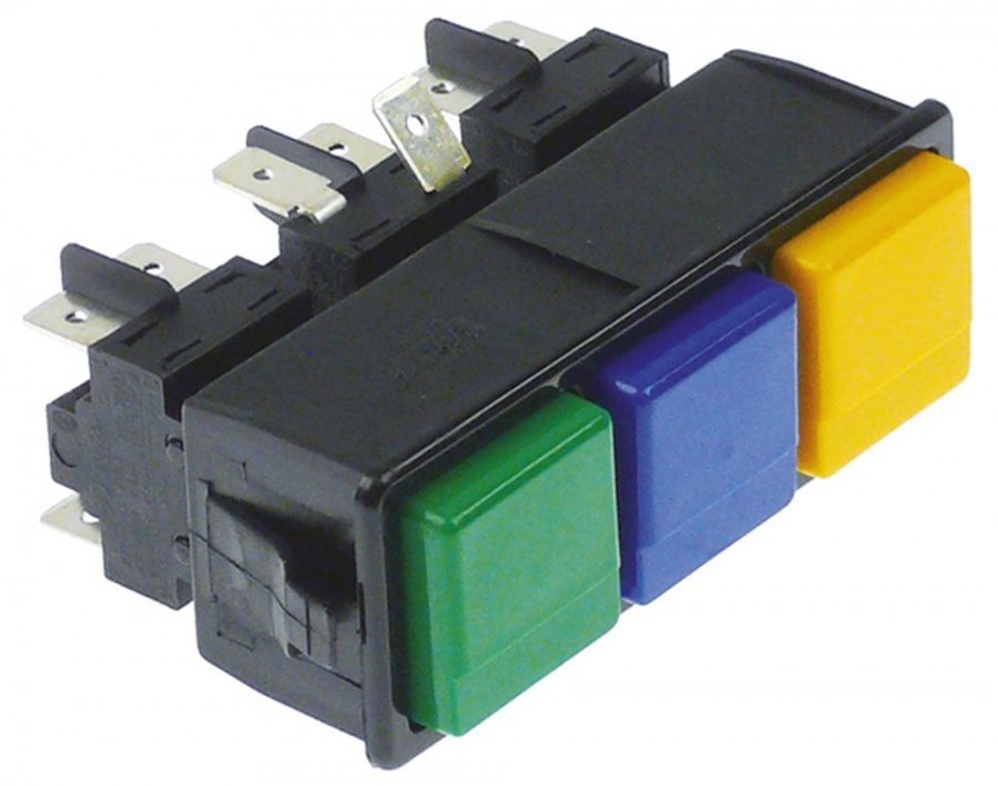 double momentary switch latching/momentary 28,5x77,5mm green/blue/yellow 2CO/2NO/2NO 250V 16A
