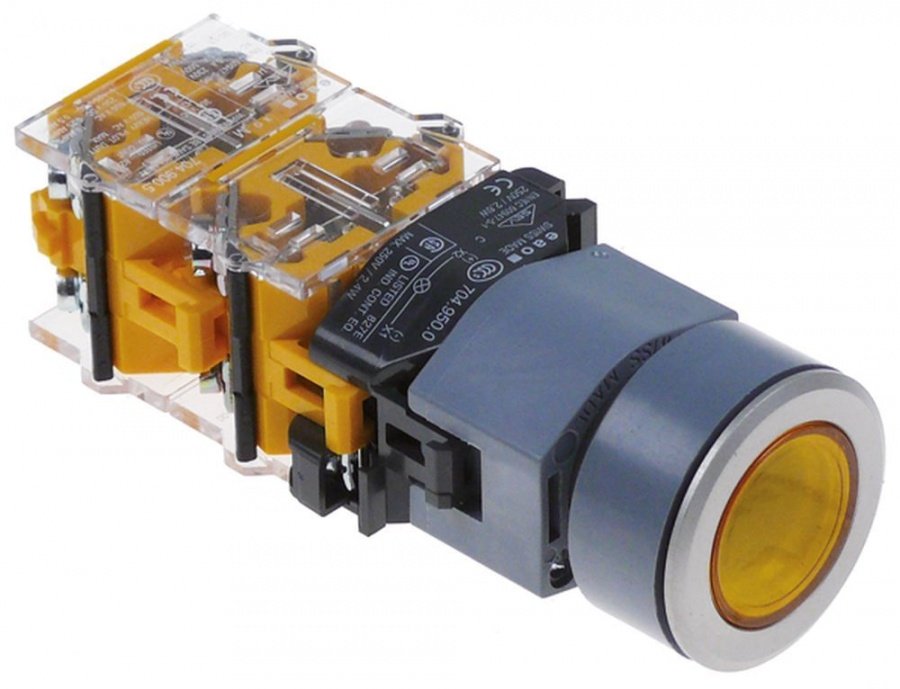 push switch ø 22,5mm 3NO/1NC 660V max. 16(4)A 0-1 latching yellow illuminated