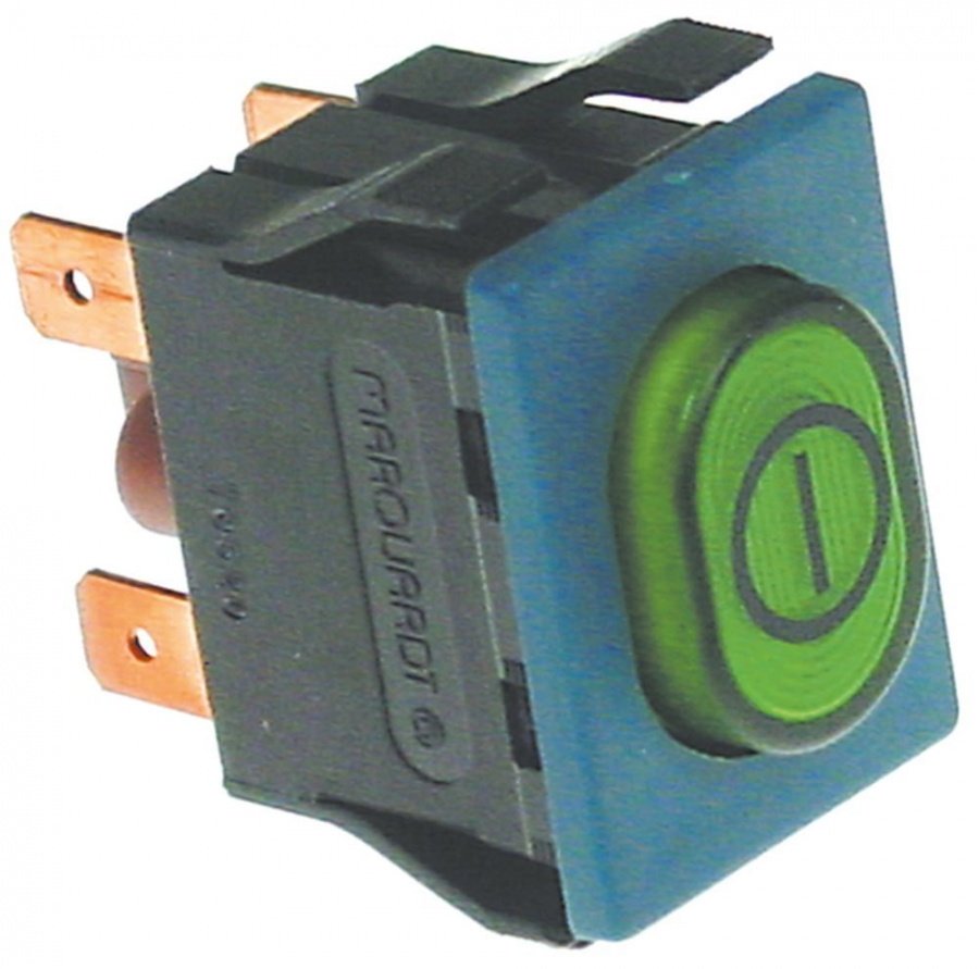 push switch 30x22mm green/blue 2NO 250V 16A illuminated 0-I connection male faston 6,3mm