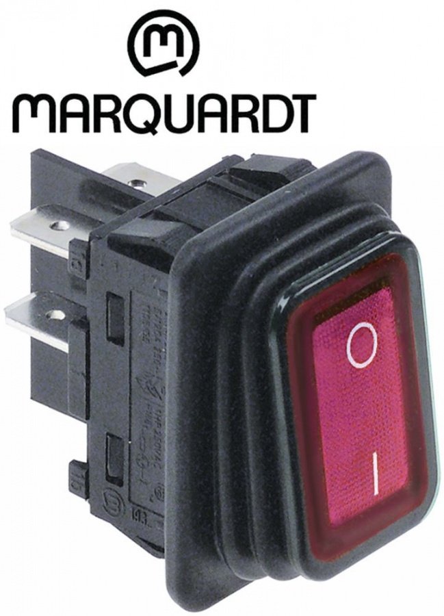 Intrerupator basculant etans 20 A, 250 V, montare in fereastra 30x22 mm, iluminat rosu, simboluri O-I - 347775
