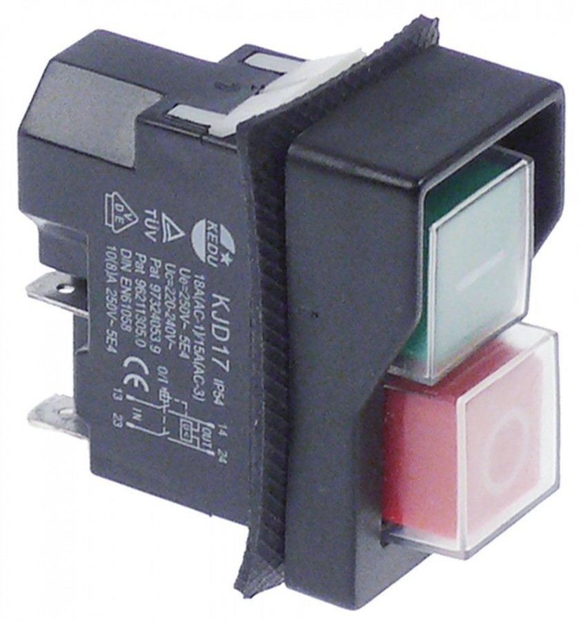 Intrerupator pornit-oprit KJD17, butoane I-O rosu-verde, 250 V, 10 A, papuci 6,3 mm - 347815