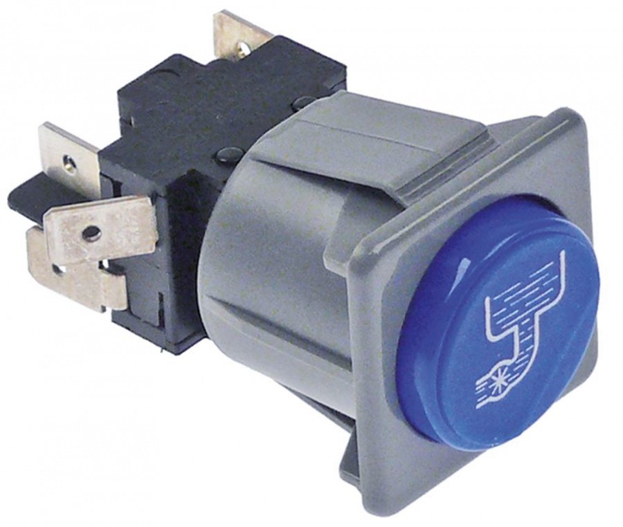 momentary push switch 28,5x28,5mm blue 2CO 250V 16A drain pump connection male faston 6,3mm