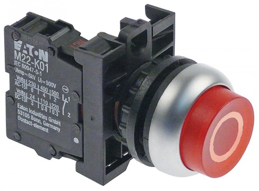 momentary push switch mounting ø 22mm red 1NC 230V 6A OFF connection screw