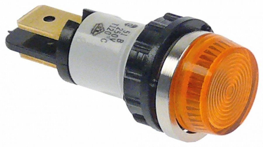 bec de semnalizare ø 18mm galben 250V racord F6,3 rez.temp. 120°C plastic/metal complet