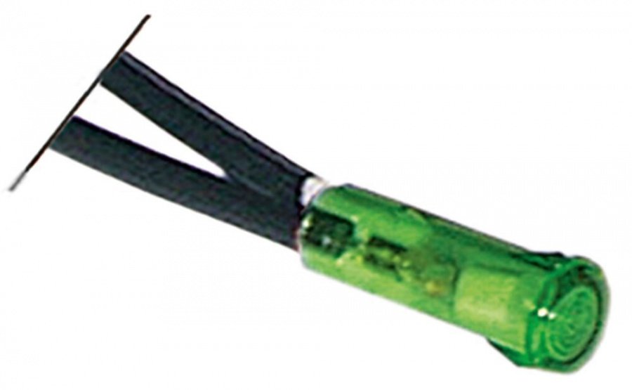 Lampa indicatoare verde, alimentare 5V dc, montare ø 6 mm, cabluri L 200 mm - 359404