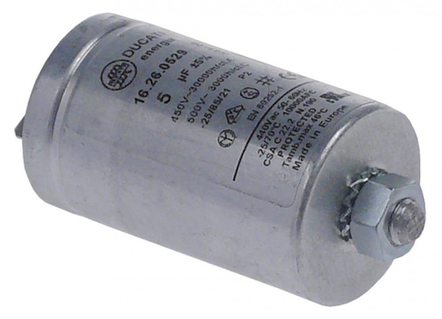 Condensator 5µF, 450V, toleranta 5%, 50/60 Hz, ambient temp. max. -25+85°C, ø 30 mm, aluminiu - 365131
