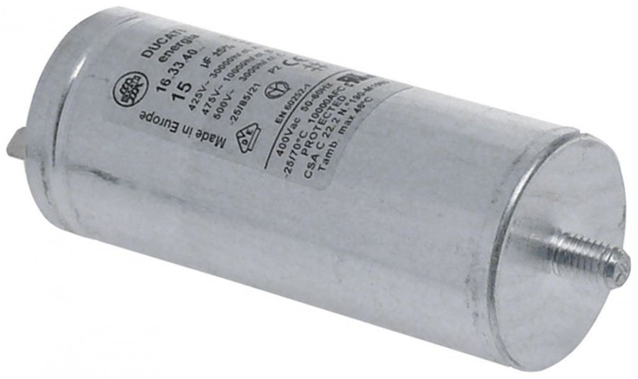 Condensator 15 µF, 450 V, carcasa metalica, L 110 mm, filet M8, toleranta 5% - 365142